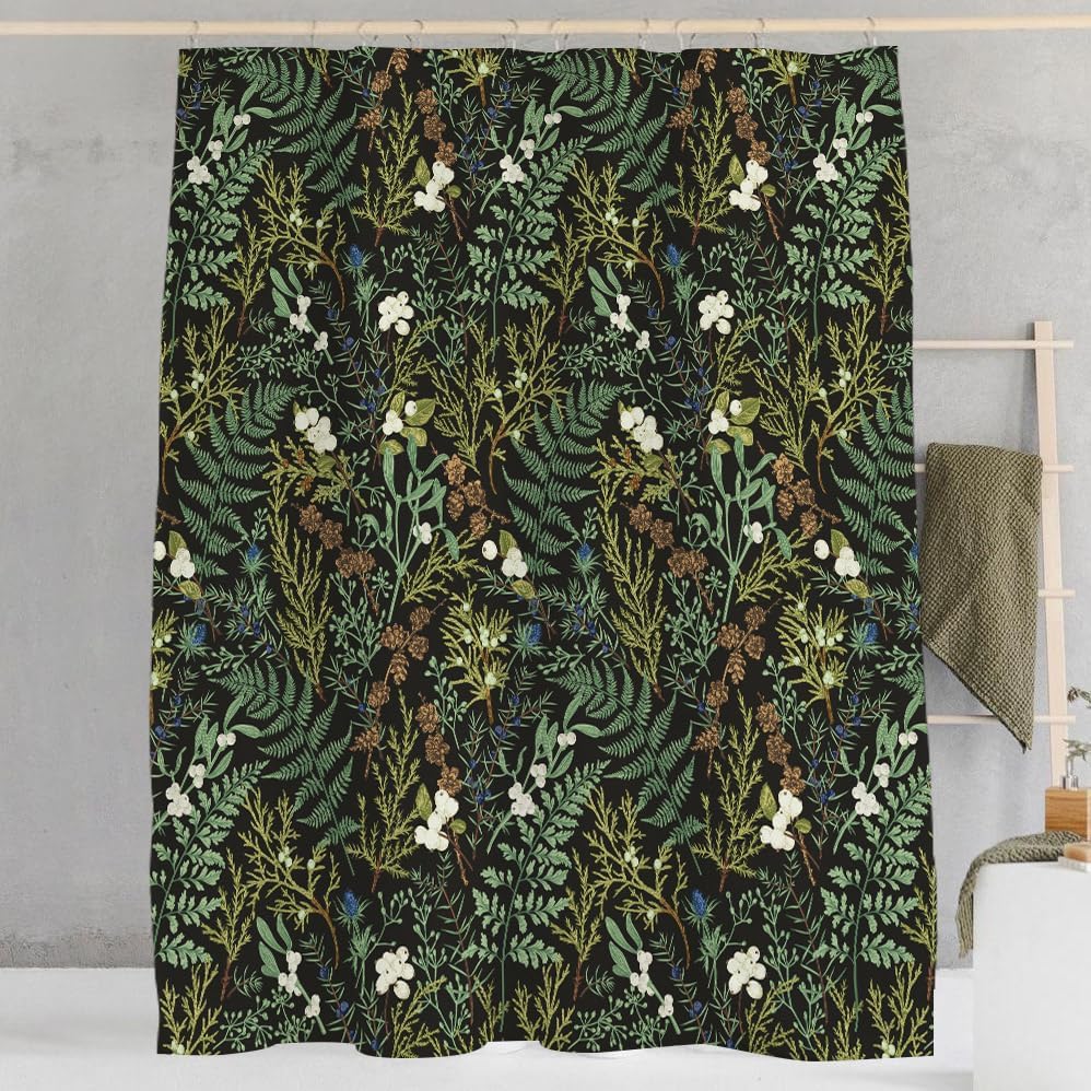 

Vintage Black And Green Floral Shower Curtain Dark Bontanical Moss Bathroom Curtains Mid Century Bathroom Decor Waterproof W60H190(CM)-1 Pcs
