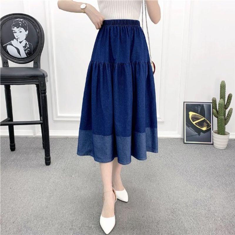 Spring and Summer New Artistic Sweet Elastic High Waist Stitching Blue Mid Length Long Length A- Line Denim Skirt Skirt Women