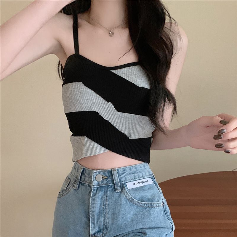 

Korean Retro Cross Color Block Camisole Vest For Women Outer Wear With Chest Pad Integrated Base Layer Bandeau Design Sense L