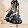 Women Plus Size Round Neck Short Sleeve Grey Black Printed A Line Long Dress