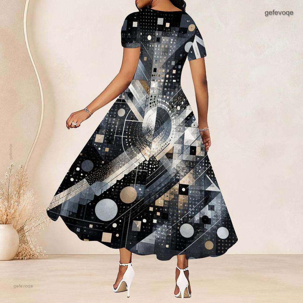 Women Plus Size Round Neck Short Sleeve Grey Black Printed A Line Long Dress