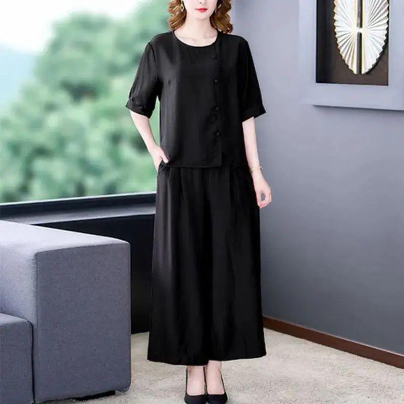 Mother's Summer 2026 Stylish Loose Fit Two-Piece: Short Sleeve, Casual, Slimming, Tummy Concealing for Middle-Aged Women