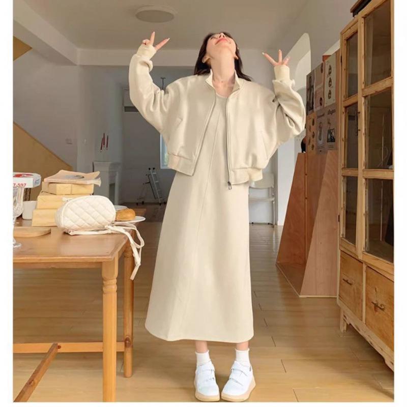 Schickes Übergrößen-Schlankheitsweste- und Kleider-Set - 300 Jin Frühling/Herbst Bauchbedeckendes, altersreduzierendes zweiteiliges Outfit für Damen