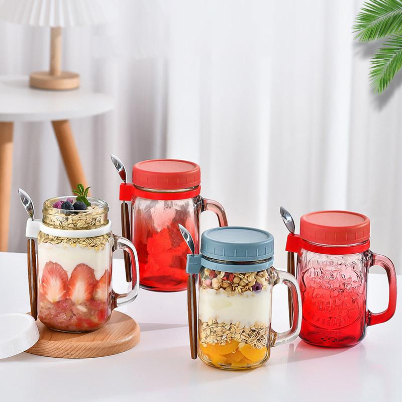 Portable Overnight Oat Glass Cup Water Mug With Spoon Breakfast Salad Can Yogurt Tumbler Heat Resistant Juice Milk Cup