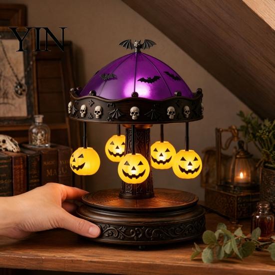 Halloween Tabletop Decor Ghost Carousel Light, Night Gothic Stained Glass Shade Vintage Resin with Floating Ghosts/Pumpkins, Spooky Table Lamp