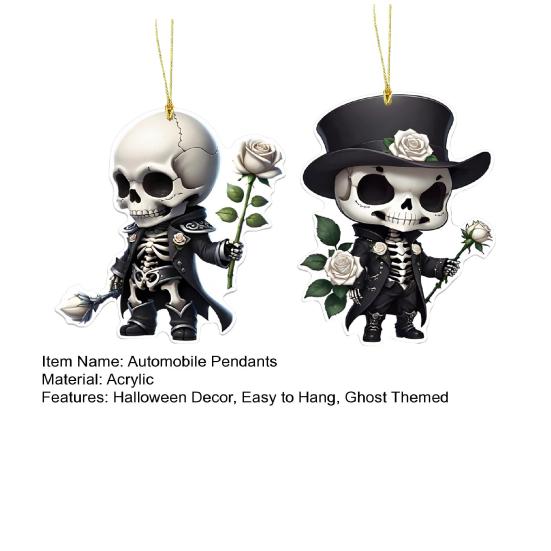 Skeleton Rose Pendant Car Rearview Mirror Ornament Acrylic 2D Bag Pendant Halloween Christmas Decoration Gift for Car Enthusiasts