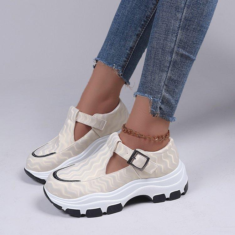 2025 new foreign trade thick-soled large-size women's shoes belt buckle hollow leather surface women's casual sports shoes 35-43