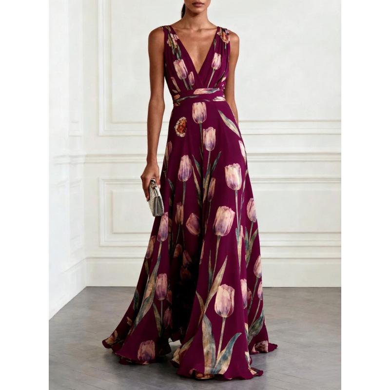 2026 European and American fashion evening dress A-shaped skirt women's sleeveless V-neck printed pendulum dress