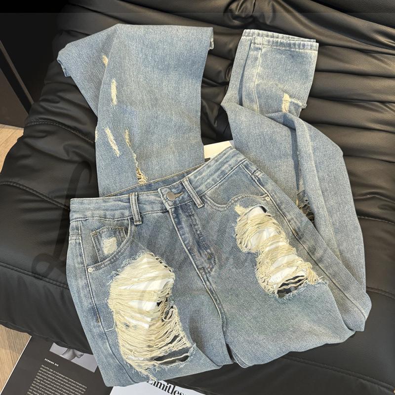 American Hot Girl Slimming Ripped Wide-Leg Summer Denim Pants S