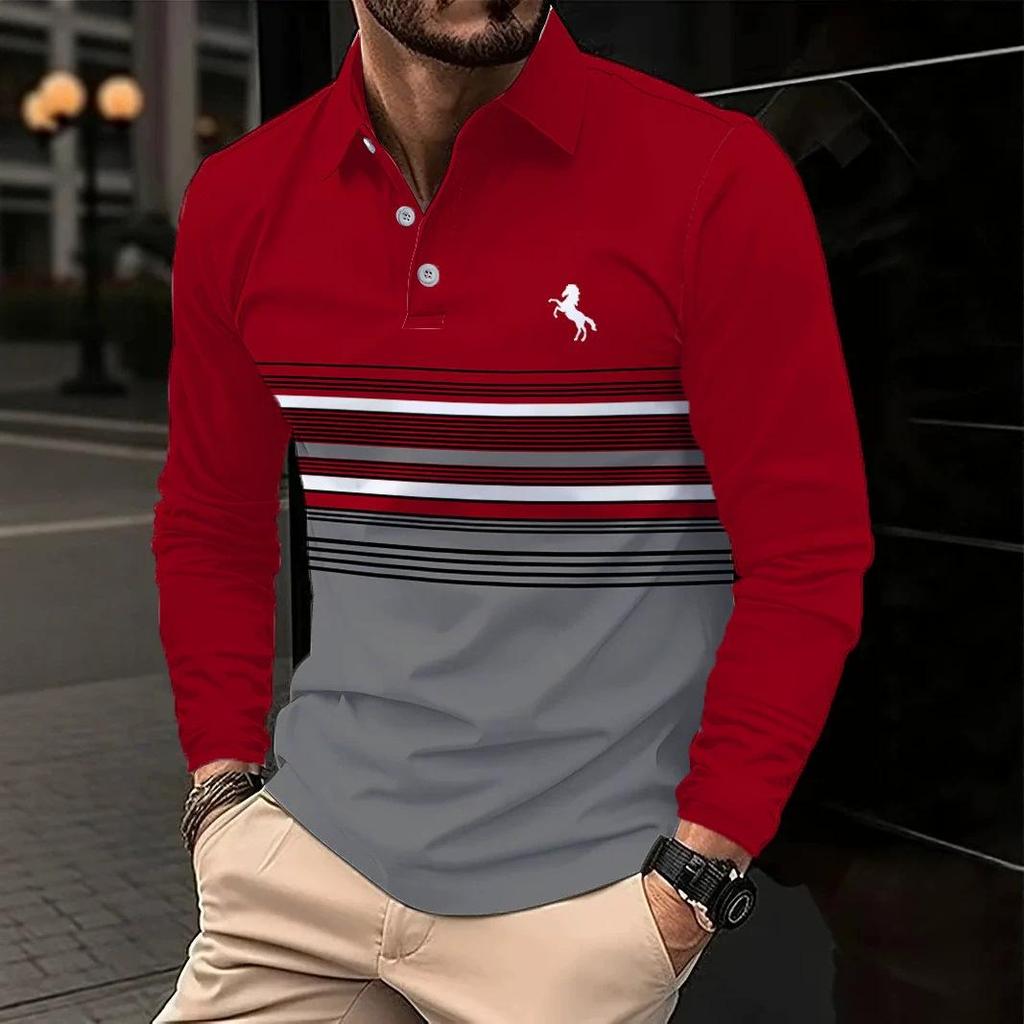 European & American Men's Striped Digital Print Polo Shirt - Business Casual, Spring/Autumn Collection