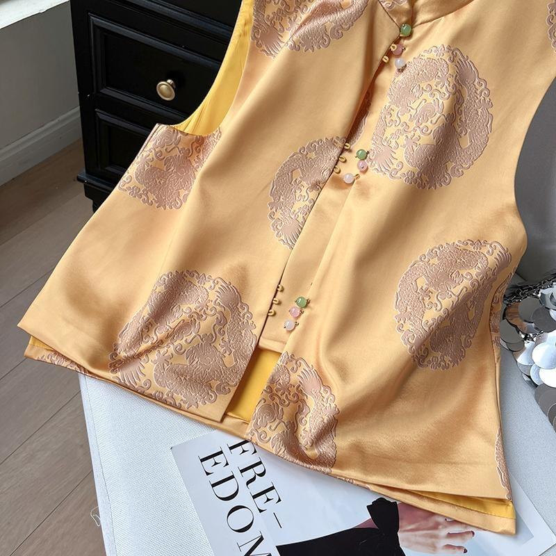 6503 Temperament Versatile Vest Vest Women's Spring Summer Disc Buckle Stand-up Collar Jacquard Versatile Vest Vest Vest