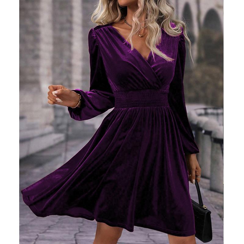 Women Dresses 2025 Autumn Winter Velvet Dress Long Sleeve V-Neck Black Women Dress J881