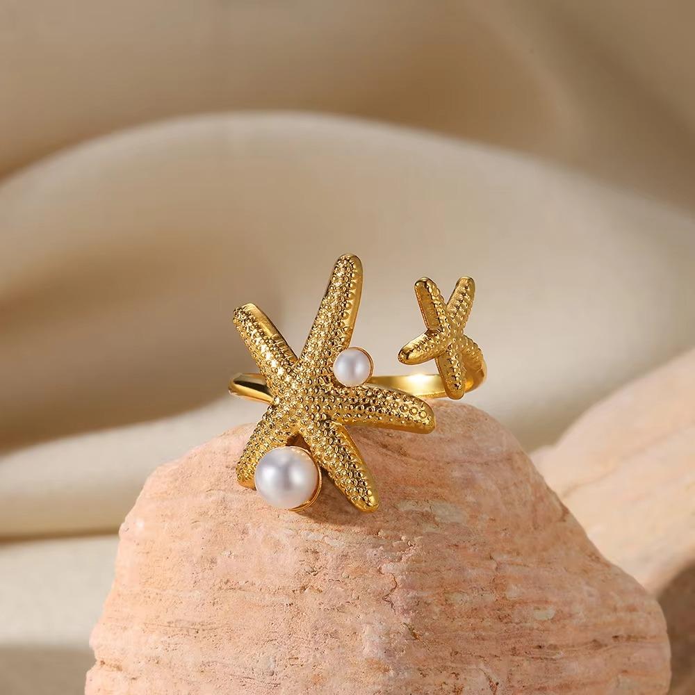 Summer Beach Starfish Rings For Women Gold Pearl Starfish Ring Stainless Steel Jewelry Vacation Party Accessories