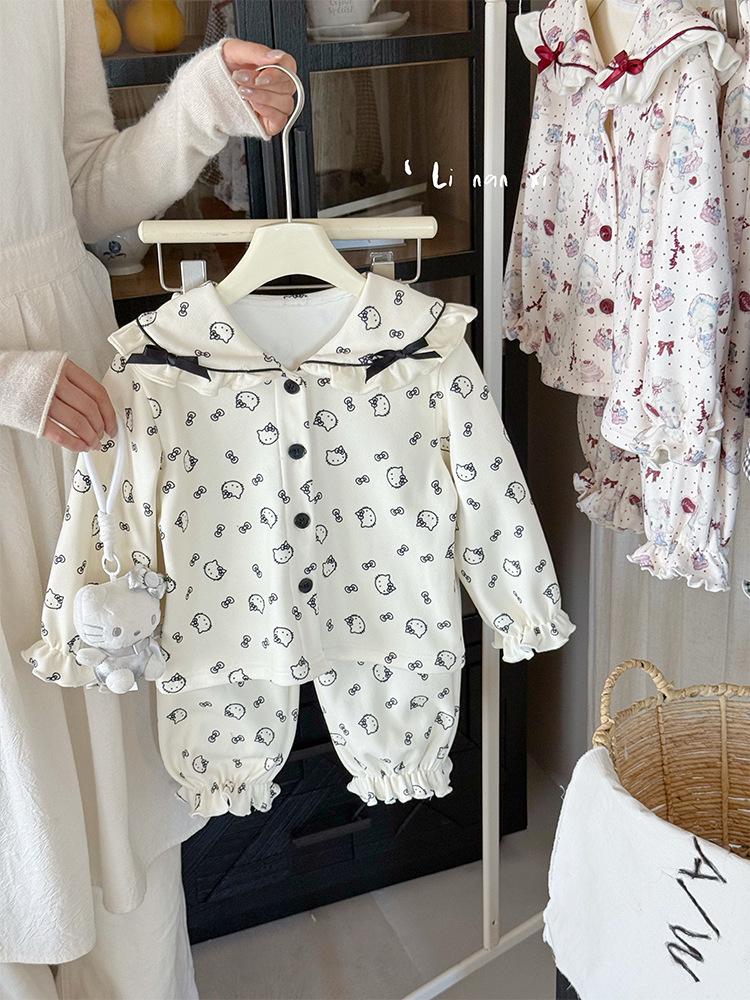 Girls' Autumn/Winter 2025 Fleece Pajama Set: Warm, Korean Style Bow Design for Small To Medium Children