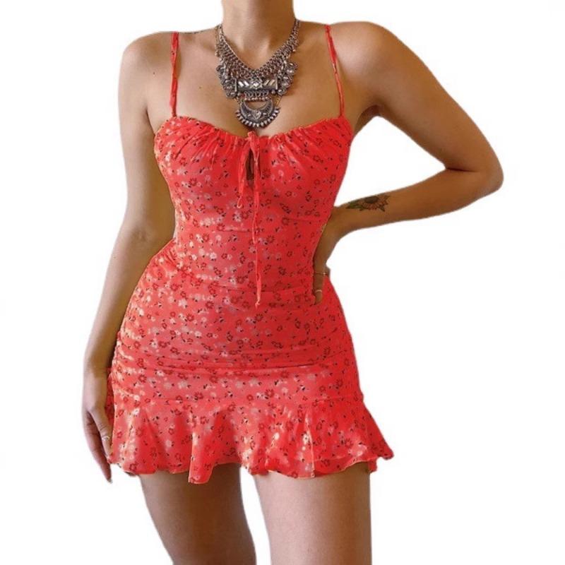 Summer Sleeveless Sexy Floral Prined Suspender Dress Fashion Elegant Slim Fit A-line Party Short Dress Sweet Lace-up Beach Holiday Clothing