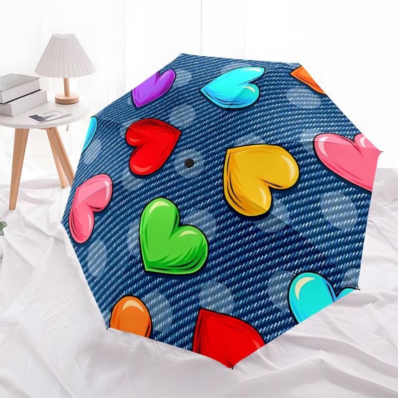 1pc Heart Print Automatic Folding Umbrella Durable Iron Frame,All Seasons Home Travel Outdoor Multifunctional Umbrella Yy251115061