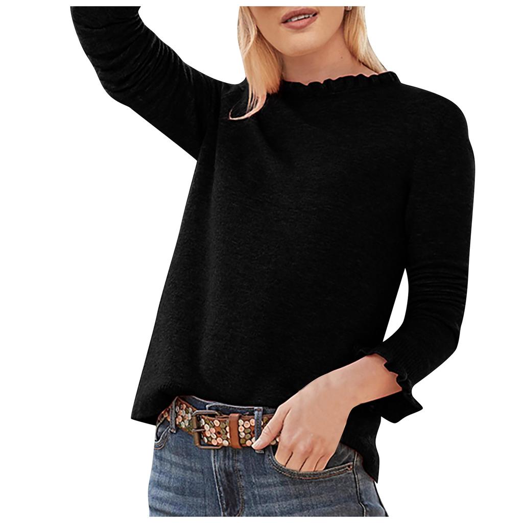 Women's Casual Color Ruffled Round Neck Loose Long-sleeved Woolen Top
