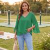 Women's Loose Fit V-Neck Blouse with Ruffle Sleeves and Asymmetrical Hem Color Casual Top