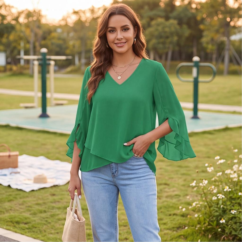 Women's Loose Fit V-Neck Blouse with Ruffle Sleeves and Asymmetrical Hem Color Casual Top