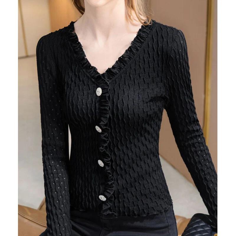 Office Lady Fashion Elegant White Ruffles Lace T-shirt Female Clothing Bottoming Chic Women V-neck Slim Long Sleeve Solid Top