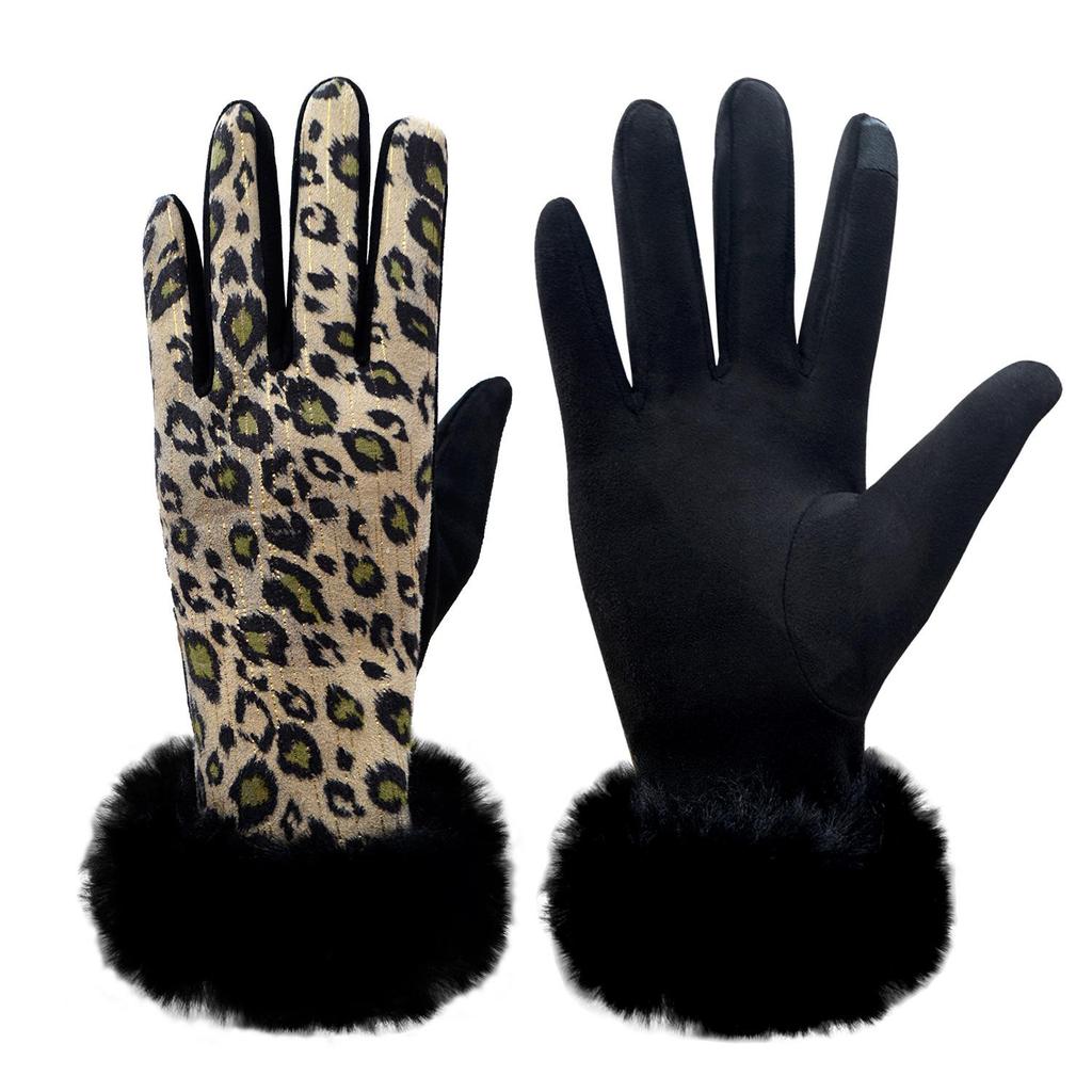 Leopard Print Plush Touchscreen Winter Gloves for Women - Velvet Lined