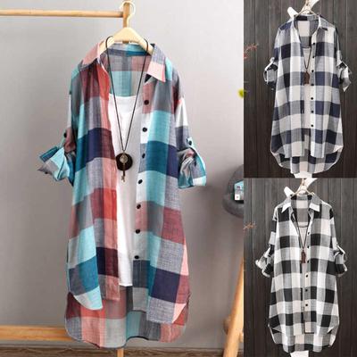 Women Casual Plaid Shirt Fashion Oversized  Loose Button Outdoorwear Tunic Shirt Blouse Female Long Sleeve Beach Sun Tops