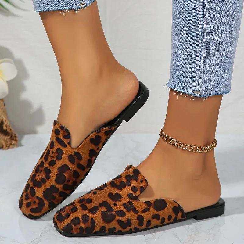 Fashion Leopard Women Mules Shoes Slippers Flats Suede Summer Square Toe Designer Outdoor Slingback Sandals Zapatos Mujer Slides