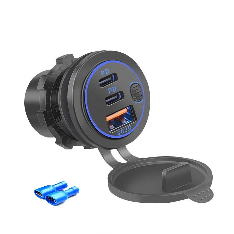 USB C Car Charger Socket 12V USB Outlet 58W RV USB Outlet Dual PD USB-C QC3.0 Car USB Port with Button Switch for Car RV Boat