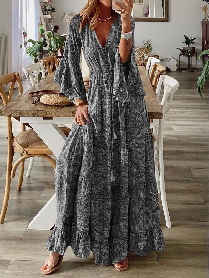 2023 Bohemian Style V-Neck Bell Sleeve High Waist Floral Vacation Dress for Women