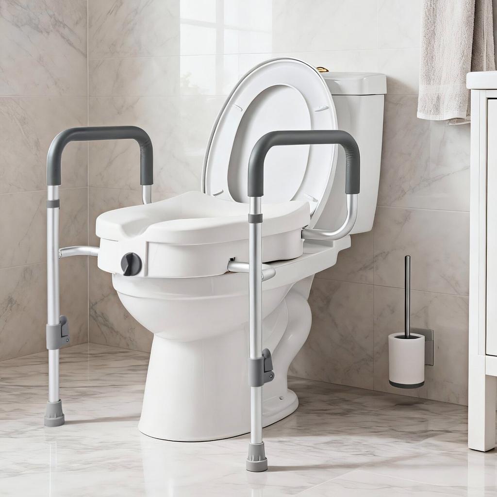 Raised Toilet Seat with Arms, 159 kg Capacity, 127 mm Lift Height & Adjustable Width, Widened Commode Elevated Toilet Seat Riser with Handles for
