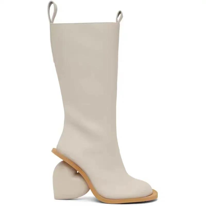 Fashion New Retro Sexy Round Toe Peach Heart Heel Side Zipper Knee High Boots European American Fashion Show Color Blocked Women's Boots