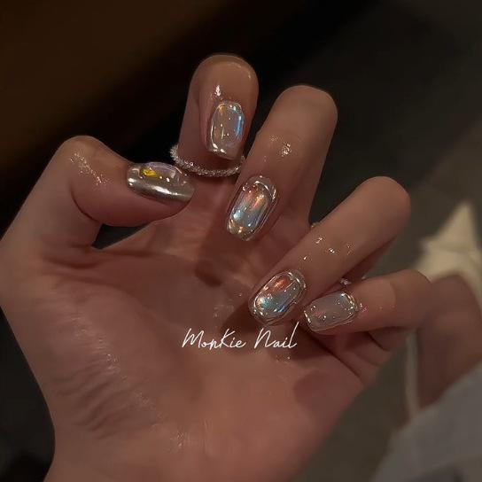Glitter Medium Square Press On Nails Glossy Reusable Gel Press On Acrylic Fake Nail with Rhinestones Stick On Nails Full Cover Nails for Women
