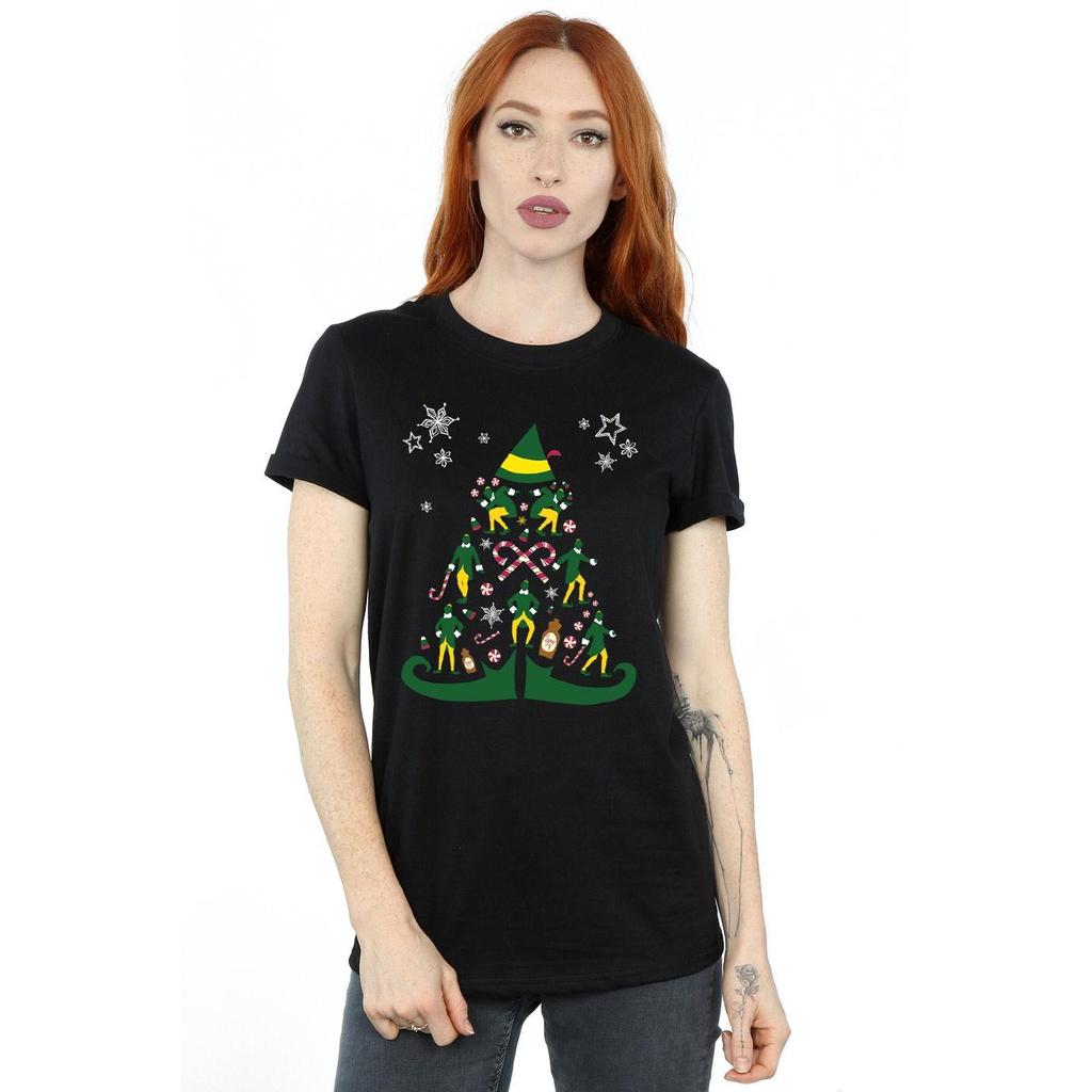 Elf T-shirt da Donna/Ragazza in Cotone Albero di Natale Stile Boyfriend