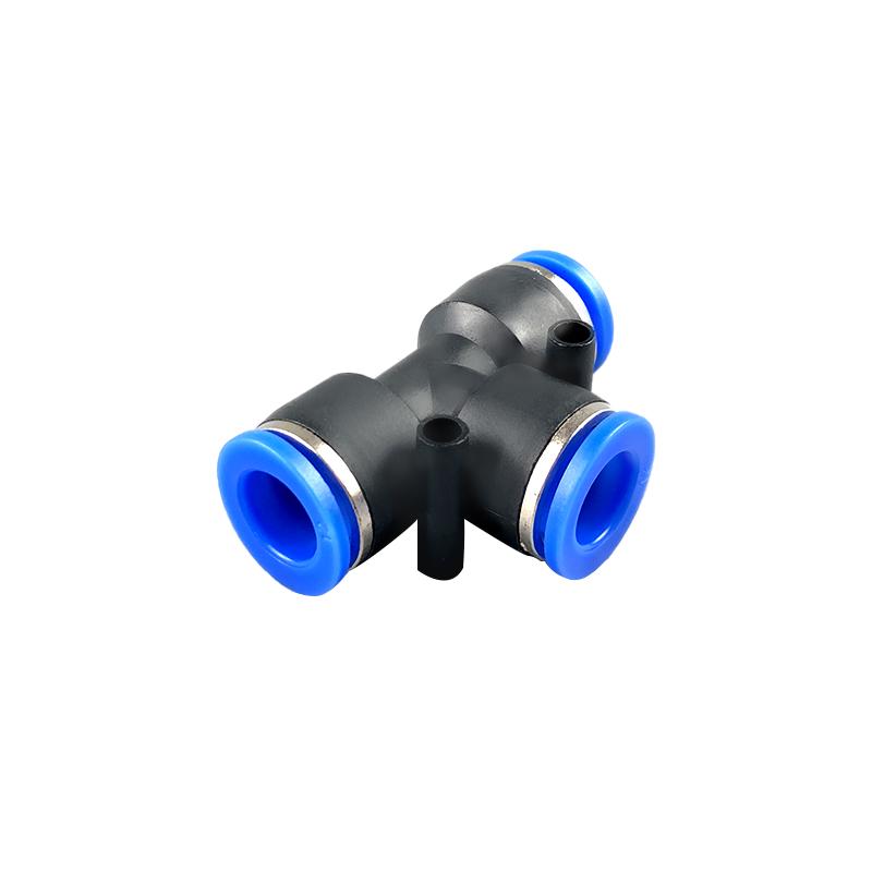 T-Type Pneumatic Hose Quick Connector, Push-in, PE Plastic, Sizes 4-16mm