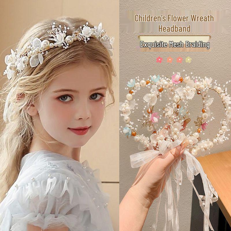 Girls' Floral Princess Headband: Pearl & Ribbon Flower Crown for Birthdays & Performances