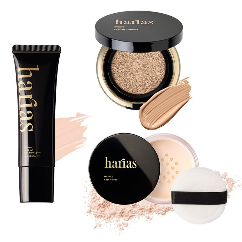 

HARIAS Кушон для макияжа Тональный крем Макияж Лицо Уход за кожей (официальный) Набор из 3 предметов (амбра), Праймер, Пудра, Сыворотка, Солнцезащитный крем SPF50+, Выравнивание тона, янтарь