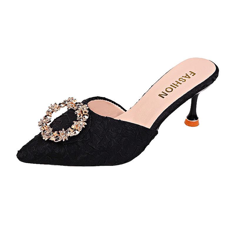 Slippers Women's Summer Wear Half Slippers Women's New Rhinestone High Heels Stiletto Bag Head Sandals Black