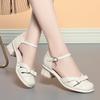 4.5cm Comfortable Fashion Sweet Bow Close Head Leather Sandals Summer 2024 Med Block Heels Shoes for Office Mom Daily Girls