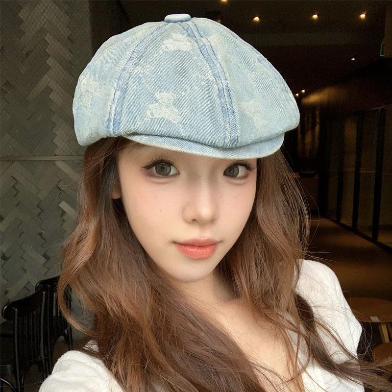Washed retro bear cowboy beret women's spring and autumn versatile octagonal hat big head circumference showing face small hat