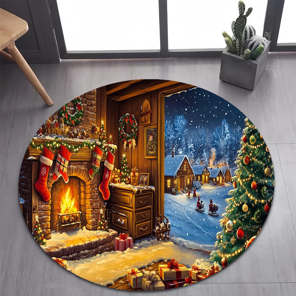 Cute Santa Claus Merry Christmas Tree Cartoon Festival Gift Round Carpet Rug for Bedroom Living Room Decoration,Decor Floor Mat