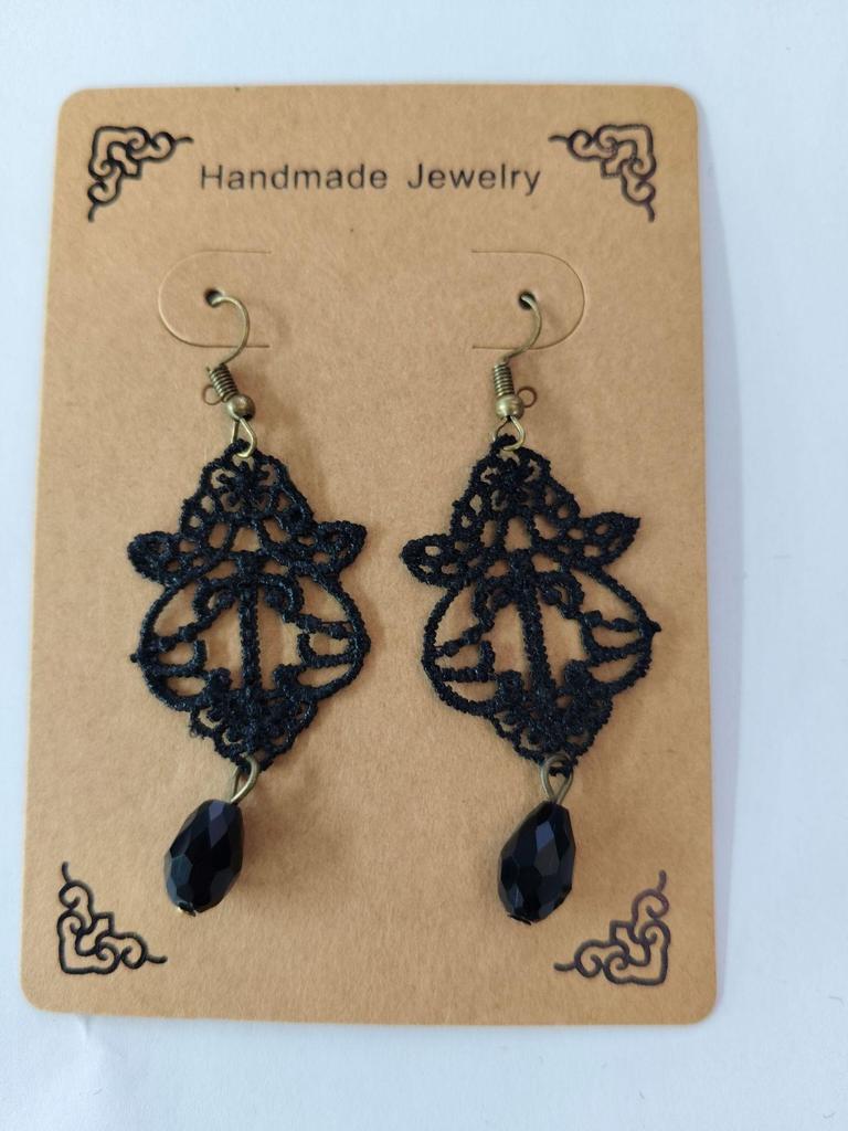 Boucles d'oreilles pendantes Baroques Vintage en Cristal et Dentelle pour Femmes - Noir.