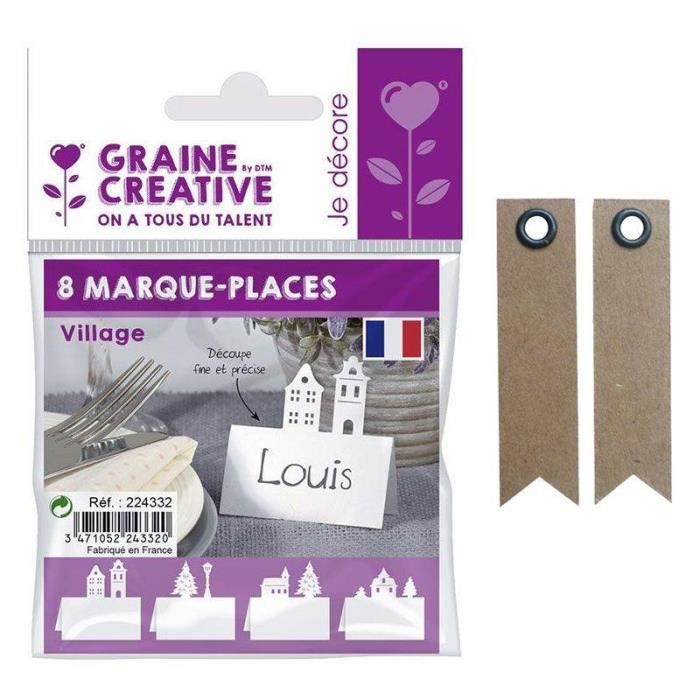 Marque-places - Village - 8 pièces - Papier Kraft - 20 étiquettes fanion - Blanc