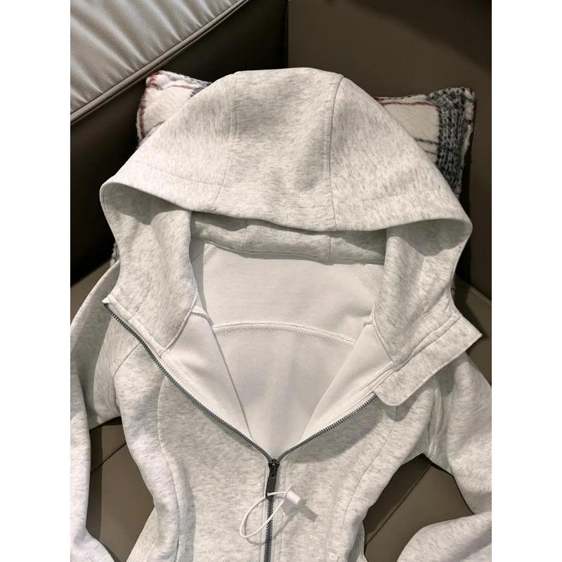 Americká Šedá Ramenní Štíhlá Mikina Kabát pro Ženy Jaro Podzim Kolekce Oblečení Mikina na Zip Styl Šedá Bunda