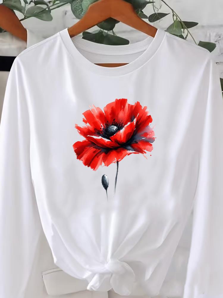 (Asian Size) O-neck Women T Shirt Tee Lady Watercolor Flower Trend Printed Female Clothing Casual Fashion Top Long Sleeve  Graphic T-shirts