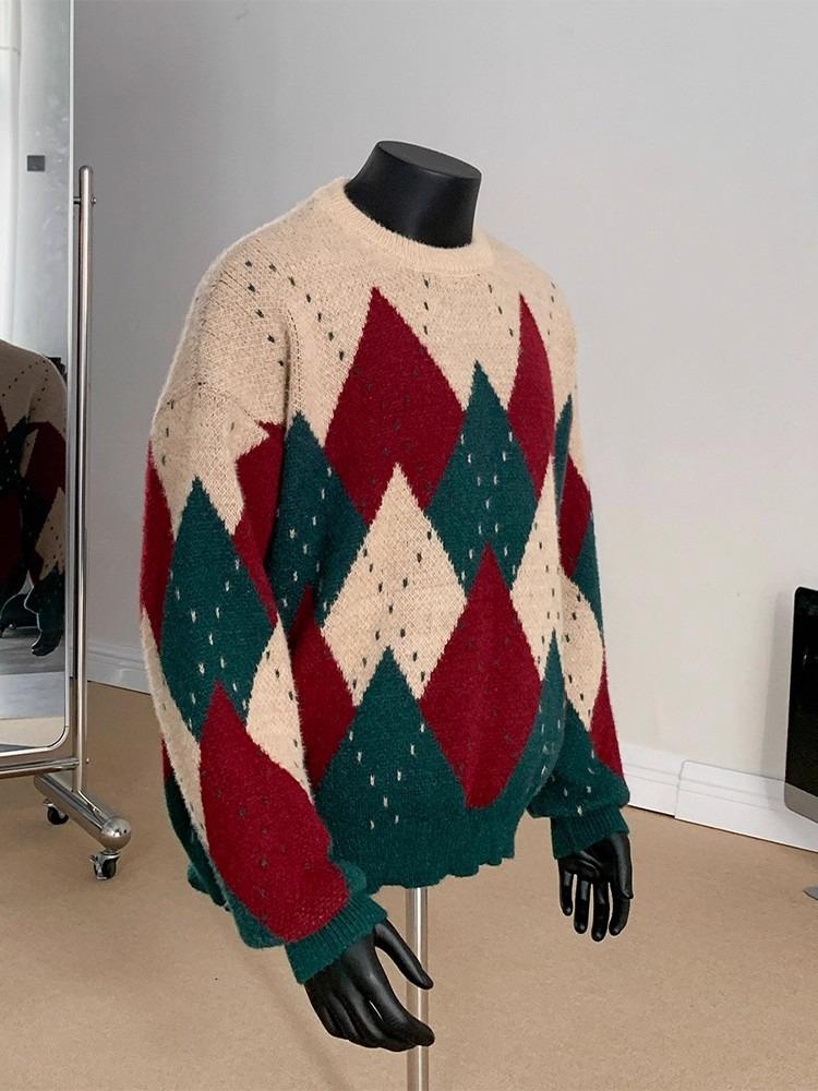 

Men s Retro Christmas Sweater - Trendy Color Block Round Neck Knitwear for Couples M