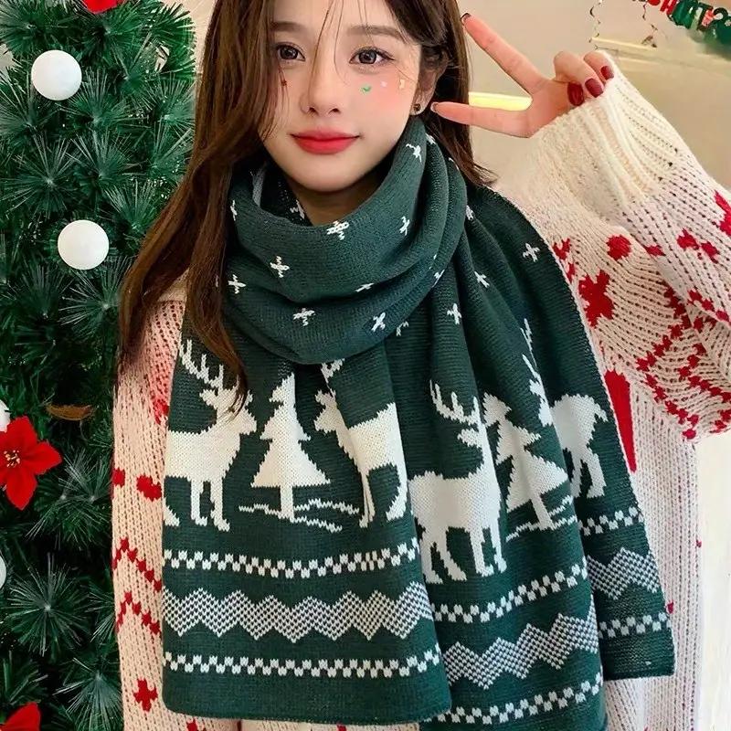 

Christmas Red Elk Deer Scarves Cartoon Reindeer Snowflake Warm Scarf Man Woman Christmas Scarves for Women Sweet Girls 2026 Gift зелёный
