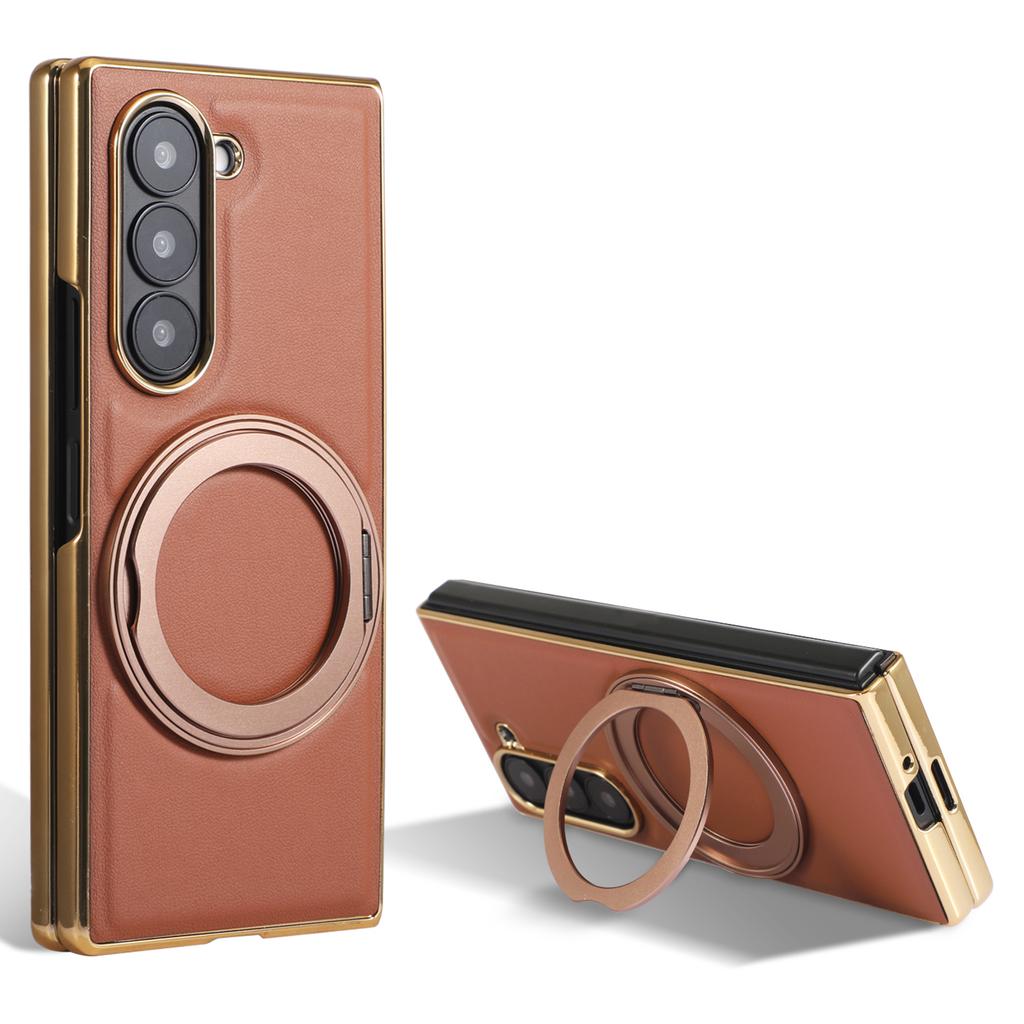 For Samsung Galaxy Z Fold7 5G Magnetic Case with Rotating Kickstand Nappa Texture PU TPU PC Phone Back Cover