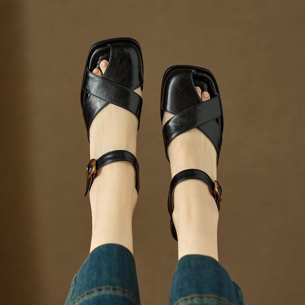 Krazing Pot Cow Skin Hollow Decoration Thick Heels Peep Toe Party Summer Size 41 Gladiator Superstar Women Sandals