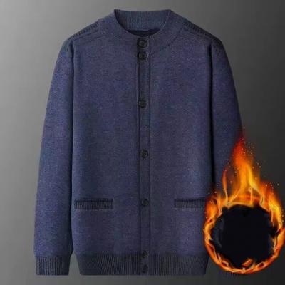 Cardigan Invernale Autunnale da Uomo di Mezza Età e Anziani Maglione con Interno in Velluto Spesso Giacca Lavorata a Maglia Collo Tondo Maglione Caldo Biancheria Intima
