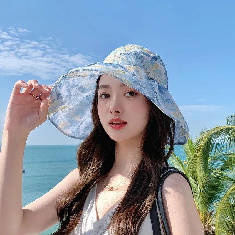 WTEMPO Summer Outdoor Sun Hats Women's Face-covering Open-top Hats with Large Brim Versatile Fashion Casual Printed Sunscreen Hats